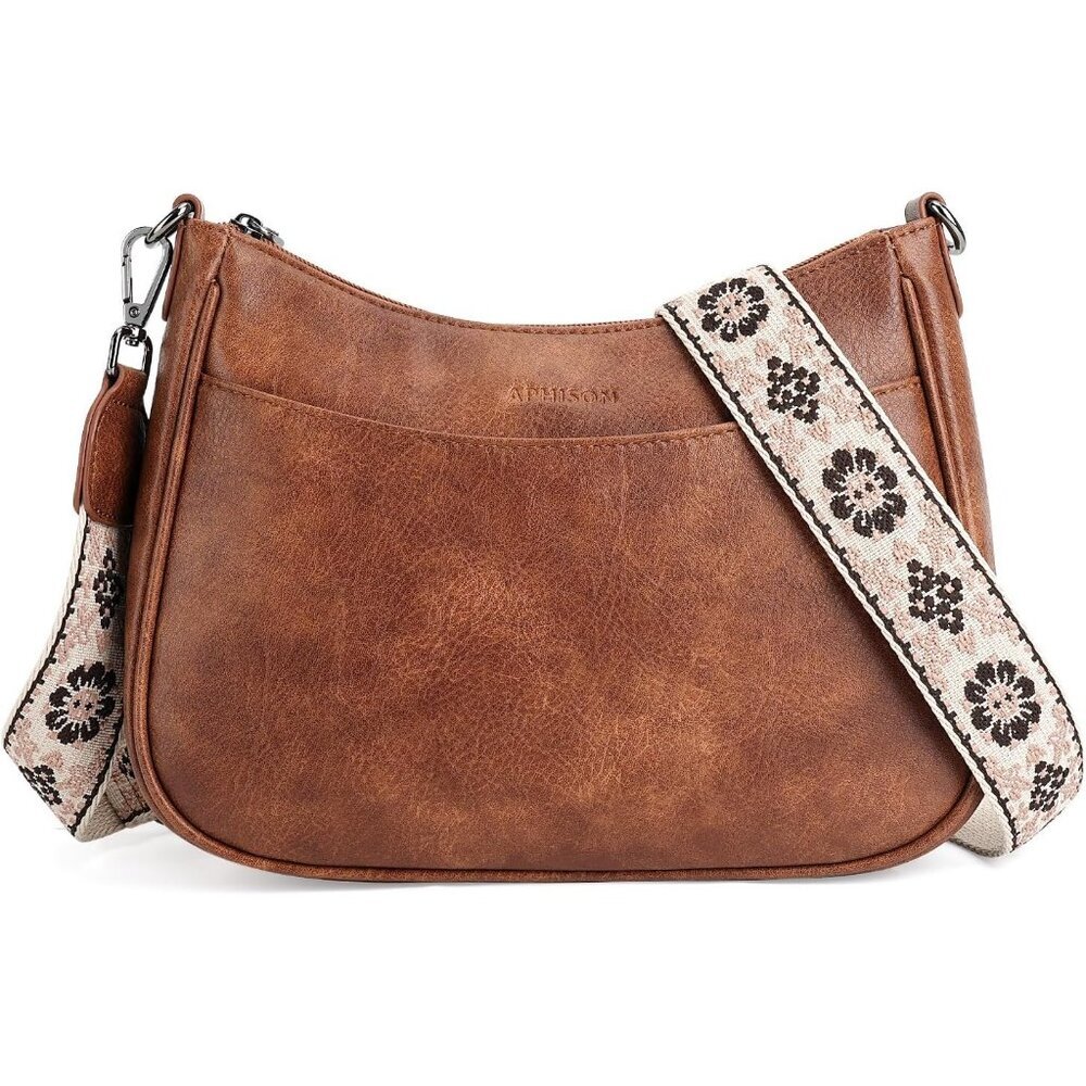 〽️Women's Brown Leather Lightweight Zipper Pocket Adjustable Strap Crossbody Bag